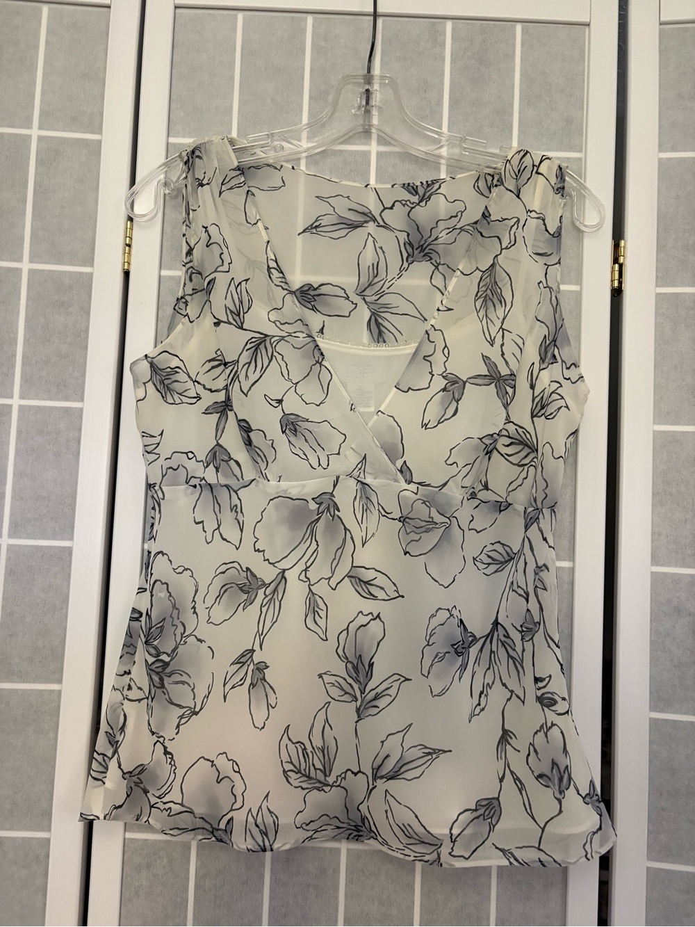 LOFT Cream Sleeveless Floral Wrap-Front Top with Black Outline